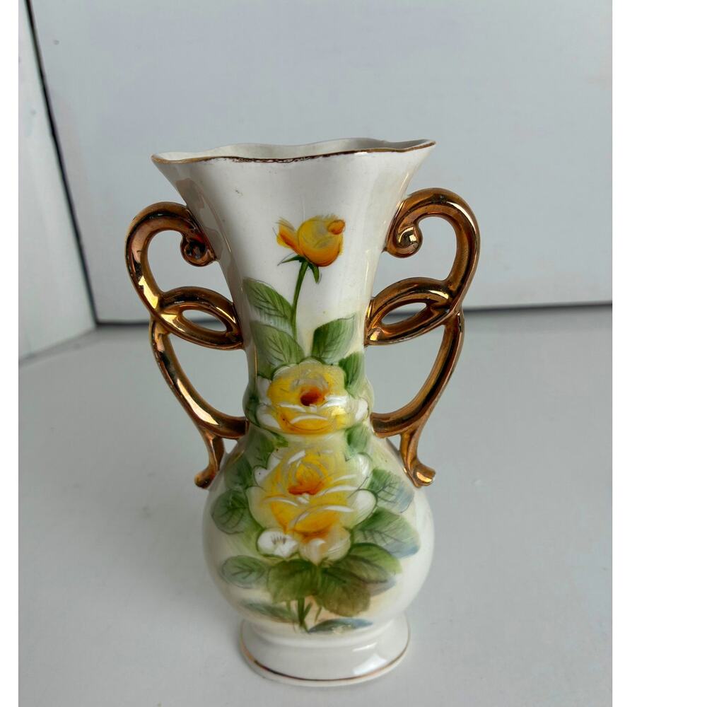 Vase Enesco Mini-Bud  Porcelain Hand Painted Yellow Rose Gold Handles 6.5" Tall